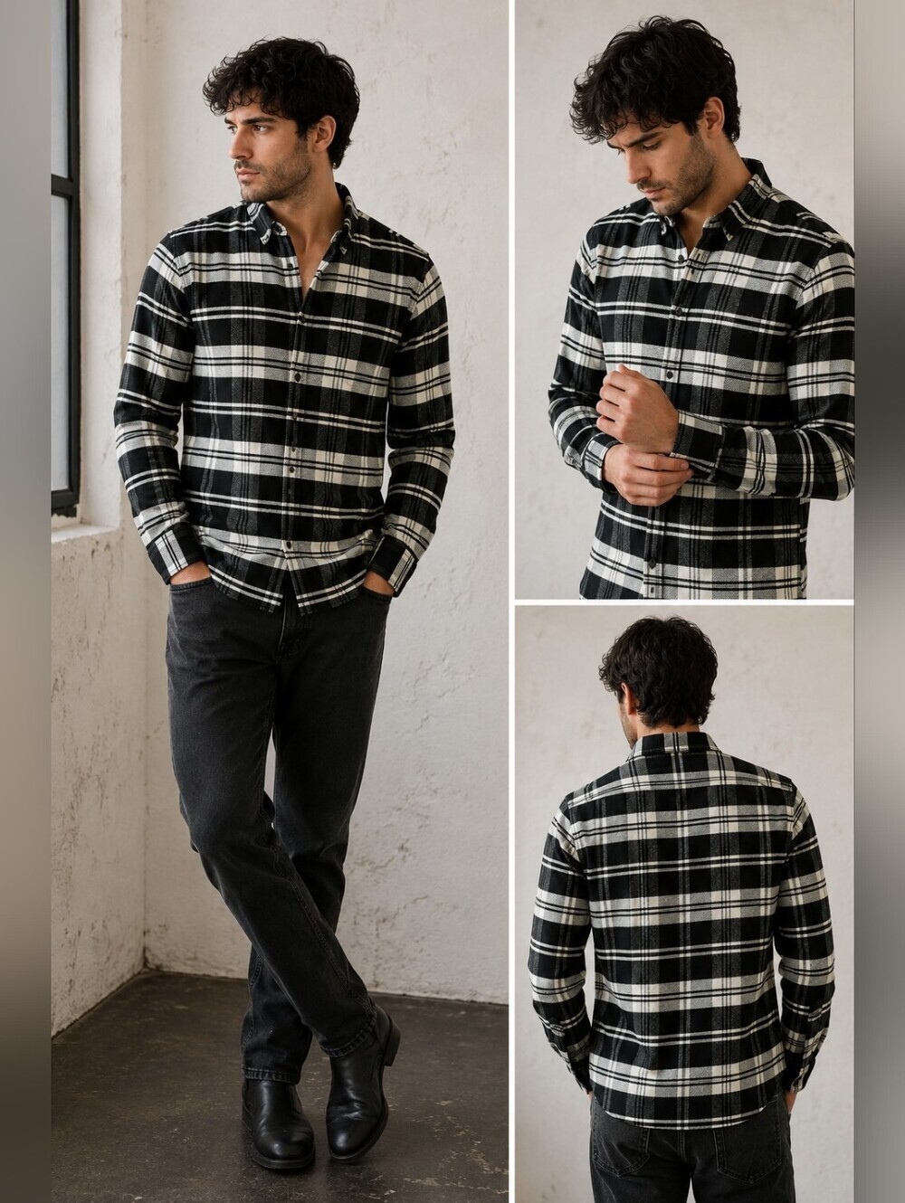 AllSaints Black White Plaid Cotton Button-Up Shirt M